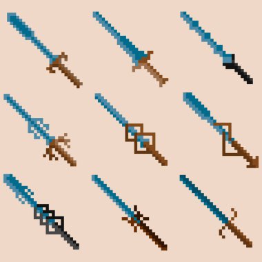 Dokuz piksel savaş kılıcı seti. Simgeler, oyunlar, siteler ve daha fazlası için resim. Vektör illüstrasyonu.