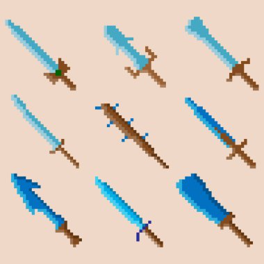 Dokuz piksel savaş kılıcı seti. Simgeler, oyunlar, siteler ve daha fazlası için resim. Vektör illüstrasyonu.