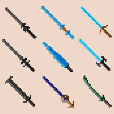 Dokuz piksel savaş kılıcı seti. Simgeler, oyunlar, siteler ve daha fazlası için resim. Vektör illüstrasyonu.