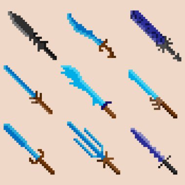 Dokuz piksel savaş kılıcı seti. Simgeler, oyunlar, siteler ve daha fazlası için resim. Vektör illüstrasyonu.