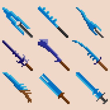 Dokuz piksel savaş kılıcı seti. Simgeler, oyunlar, siteler ve daha fazlası için resim. Vektör illüstrasyonu.