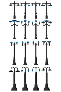 Dış uzayın içi için büyük bir onaltı sokak lambası seti. Vektör illüstrasyonu.