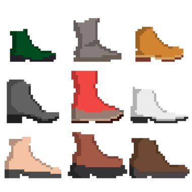 Oyunlar, web siteleri, tasarım ve daha fazlası için dokuz piksel ayakkabı seti. Bir çift ayakkabı. Vektör illüstrasyonu.