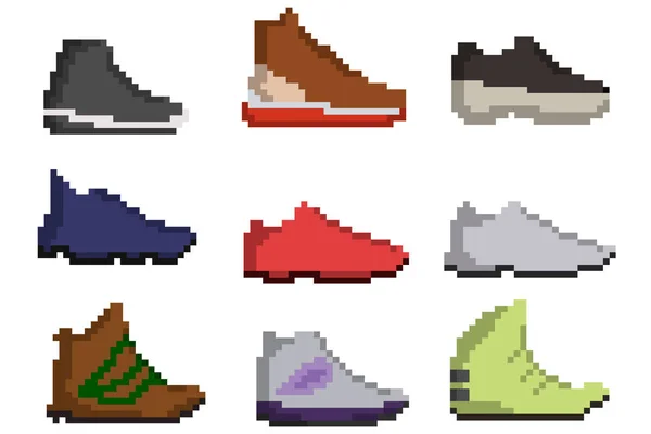 Set Nine Pixel Sneakers Games Websites Design More Vector Illustration — Stock Vector