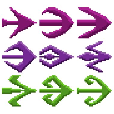 Çeşitli geometrik şekiller ve yön oklarından oluşan dokuz piksellik çizimler. Vektör illüstrasyonu.