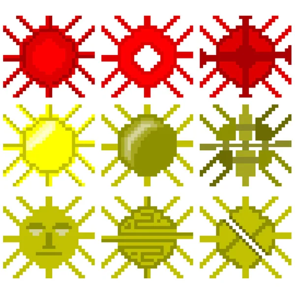 Sada Devíti Pixelových Ilustrací Zobrazujících Slunce Různých Barvách Tvarech Vektorová — Stockový vektor