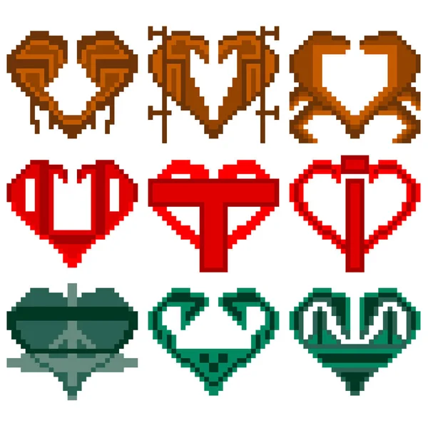 Набор Девяти Пиксельных Иллюстраций Набор Сердец Разных Цветов Форм Векторная — стоковый вектор
