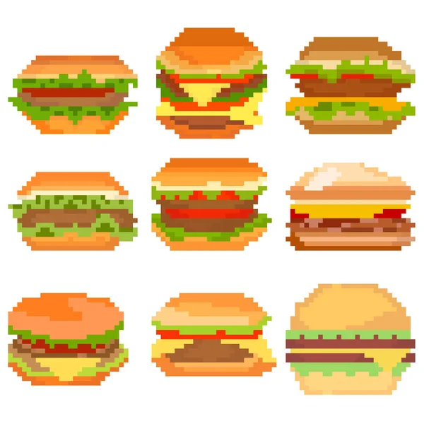 Set Nine Pixel Images Burgers Different Fillings Cutlet Bun Tomato — Stock Vector