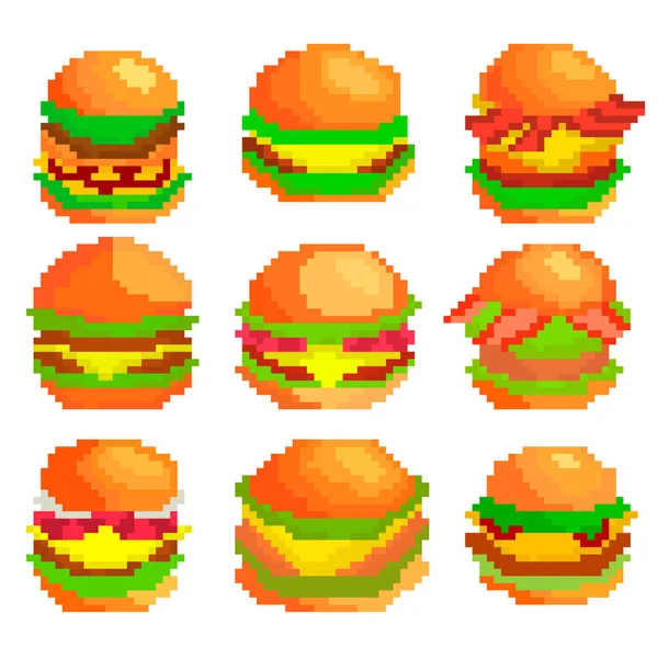 一组九个像素的汉堡包图片 不同的填充物的切条 西红柿 洋葱等 矢量说明 — 图库矢量图片
