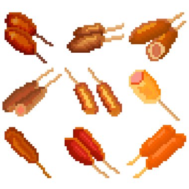 Piksellerden oluşan dokuz besin maddesi. Sosisli sandviç mi, peynirli sosis mi? Eski grafikler, oyunlar için ilginç resimler, web siteleri, restoran menüleri ve daha fazlası. Vektör illüstrasyonu.