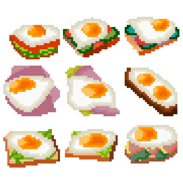 Набір Дев Яти Продуктів Харчування Складаються Пікселів Смажені Яйця Хлібі — стоковий вектор