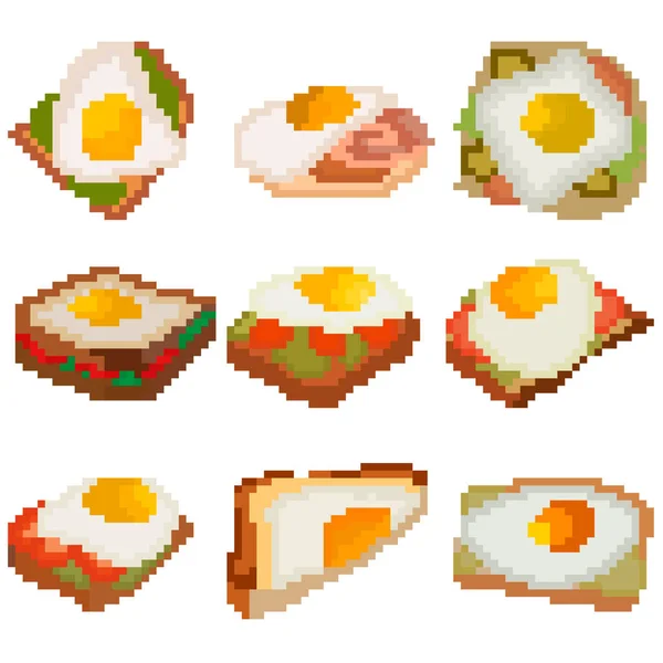 Набір Дев Яти Продуктів Харчування Складаються Пікселів Смажені Яйця Хлібі — стоковий вектор