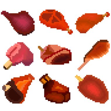 Piksellerden oluşan dokuz besin maddesi. Kızarmış domuz budu, daha fazla sığır eti, kuzu eti ve daha fazlası. Eski grafikler, oyunlar için ilginç resimler, web siteleri, restoran menüleri ve daha fazlası. Vektör illüstrasyonu.