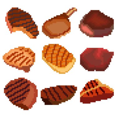 Piksellerden oluşan dokuz besin maddesi. Et biftekleri. Eski grafikler, oyunlar için ilginç resimler, web siteleri, restoran menüleri ve daha fazlası. Vektör illüstrasyonu.