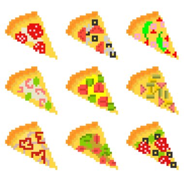 Dokuz pikselli pizza seti, farklı peynir, sosis, domates, karides ve daha fazlası. Vektör illüstrasyonu.