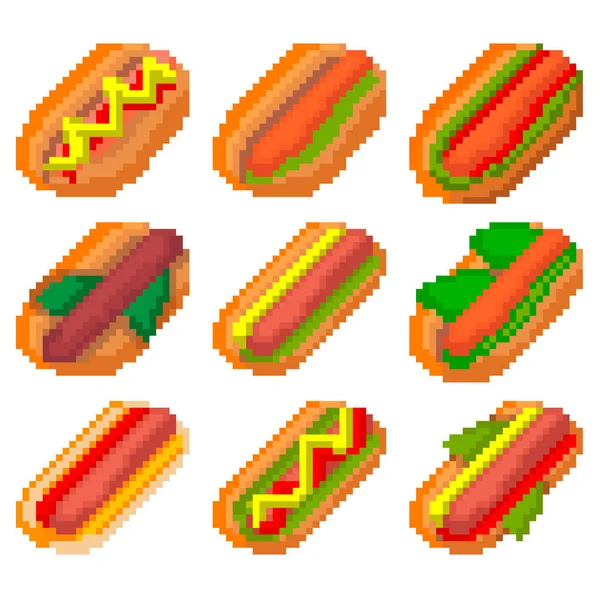 Ensemble Neuf Aliments Composés Pixels Hot Dogs Moutarde Ketchup Graphiques — Image vectorielle