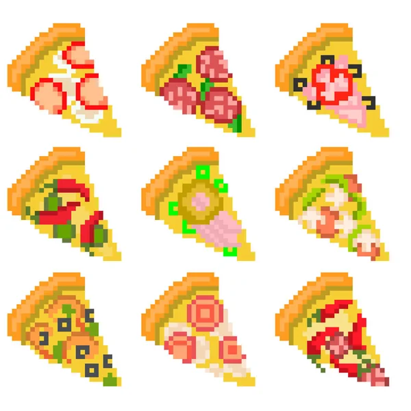 Набір Дев Яти Піксельних Зображень Піци Різних Наповнень Сиру Ковбас — стоковий вектор