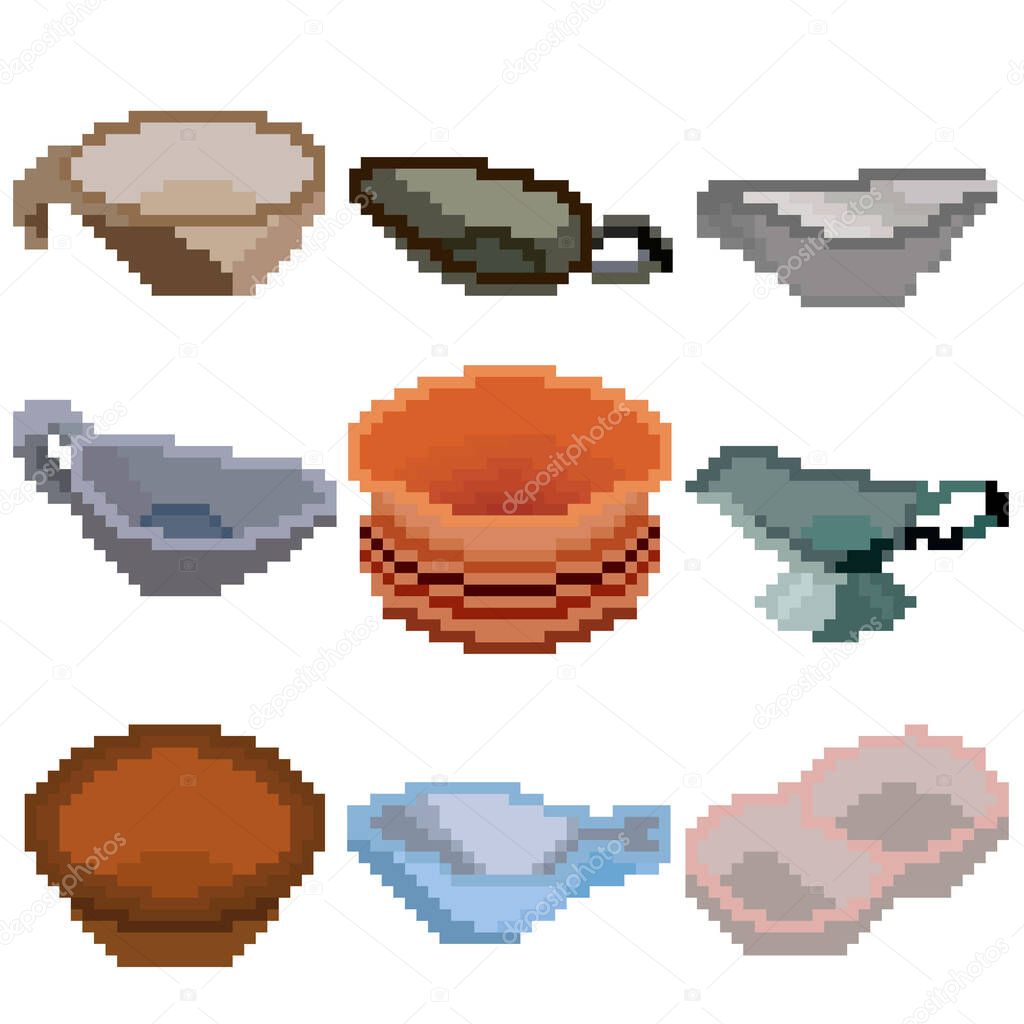 A set of nine elements consisting of pixels. A set of different dishes for sauces. Old graphics, interesting images for games, websites, tableware stores, and more. Vector illustration.