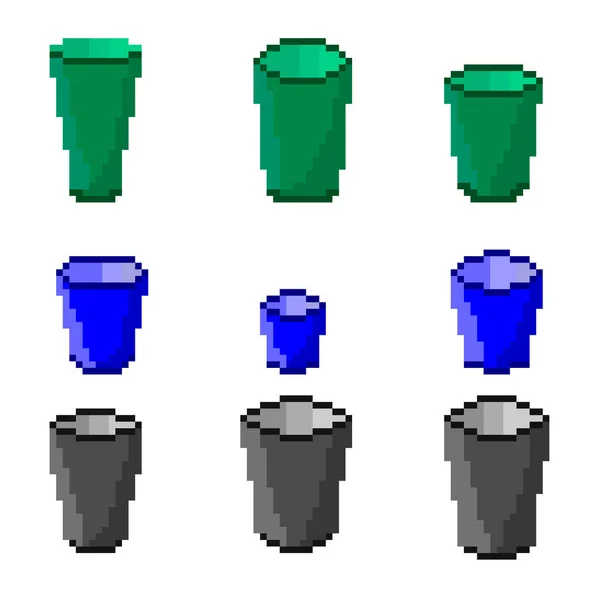 Set Nove Immagini Pixel Bicchieri Plastica Carta Diversi Colori Illustrazione — Vettoriale Stock