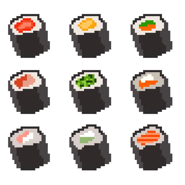 Conjunto Imagens Nove Pixels Sushi Rolos Diferentes Recheios Queijo Camarão — Vetor de Stock