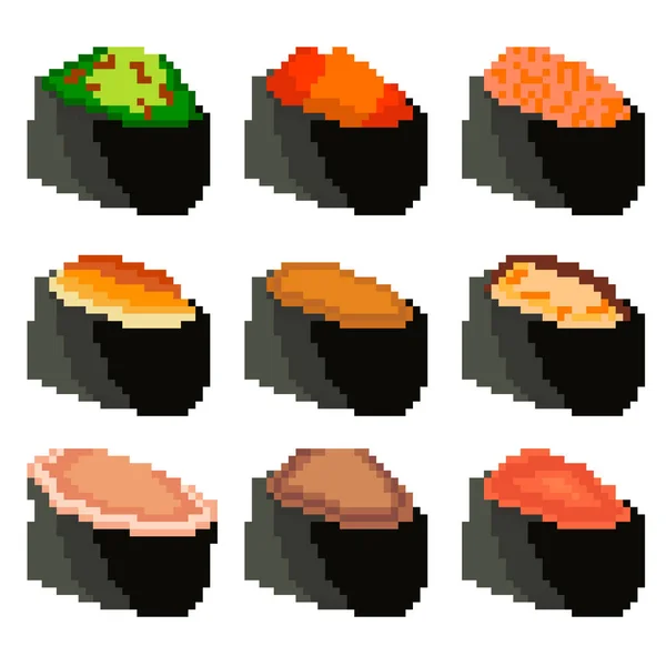 Conjunto Imagens Nove Pixels Sushi Rolos Diferentes Recheios Queijo Camarão — Vetor de Stock