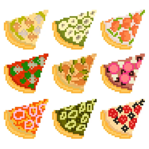 Conjunto Imagens Nove Pixels Pizza Diferentes Recheios Queijo Salsicha Tomate —  Vetores de Stock