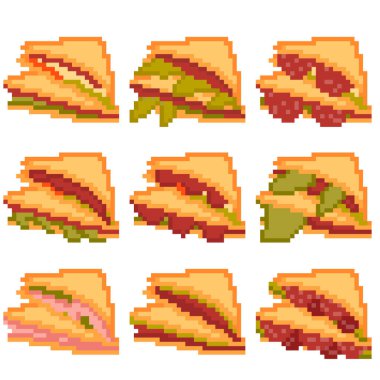 Piksellerden oluşan dokuz besin maddesi. Çeşitli dolgulu sandviçler tavuk, yumurta, salata vs. Eski grafikler, oyunlar için ilginç resimler, web siteleri, restoran menüleri ve daha fazlası. Vektör illüstrasyonu.