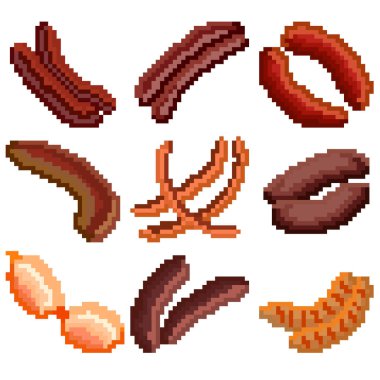 Piksellerden oluşan dokuz besin maddesi. Çeşitli sosisler. Eski grafikler, oyunlar için ilginç resimler, web siteleri, restoran menüleri ve daha fazlası. Vektör illüstrasyonu.