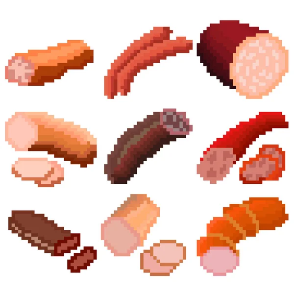 Ensemble Neuf Aliments Composé Pixels Différentes Saucisses Graphiques Anciens Images — Image vectorielle