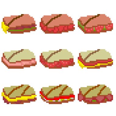 Piksellerden oluşan dokuz besin maddesi. Çeşitli dolgulu sandviçler tavuk, yumurta, salata vs. Eski grafikler, oyunlar için ilginç resimler, web siteleri, restoran menüleri ve daha fazlası. Vektör illüstrasyonu.