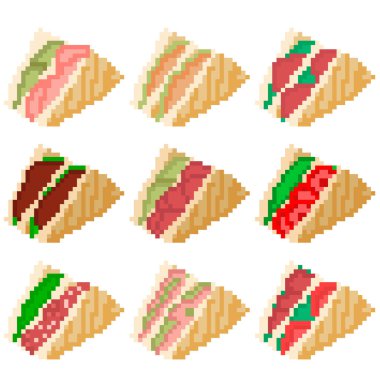 Piksellerden oluşan dokuz besin maddesi. Çeşitli dolgulu sandviçler tavuk, yumurta, salata vs. Eski grafikler, oyunlar için ilginç resimler, web siteleri, restoran menüleri ve daha fazlası. Vektör illüstrasyonu.