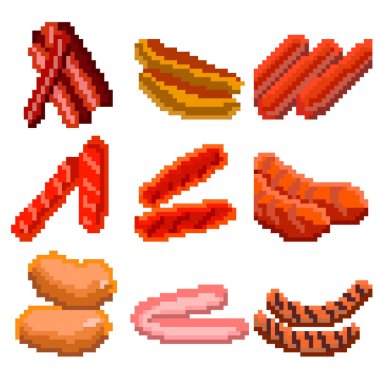 Piksellerden oluşan dokuz besin maddesi. Çeşitli sosisler. Eski grafikler, oyunlar için ilginç resimler, web siteleri, restoran menüleri ve daha fazlası. Vektör illüstrasyonu.