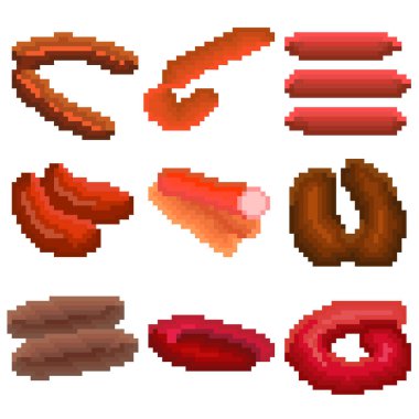 Piksellerden oluşan dokuz besin maddesi. Çeşitli sosisler. Eski grafikler, oyunlar için ilginç resimler, web siteleri, restoran menüleri ve daha fazlası. Vektör illüstrasyonu.