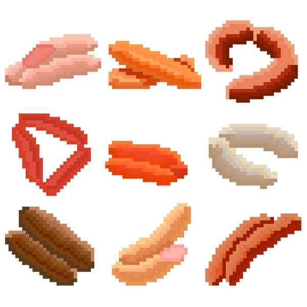 由9个像素组成的一组食物 各种香肠 古老的图形 有趣的游戏图片 餐厅菜单等等 矢量说明 — 图库矢量图片
