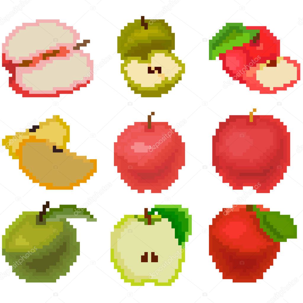 Food set of nine images of different apples. Images for websites for various purposes, logos, restaurant menus and much more. Vector illustration.