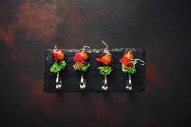 Moleküler modern mutfağı galantine kaşık taş ve paslı arka plan üzerinde ördek. Üstten görünüm.