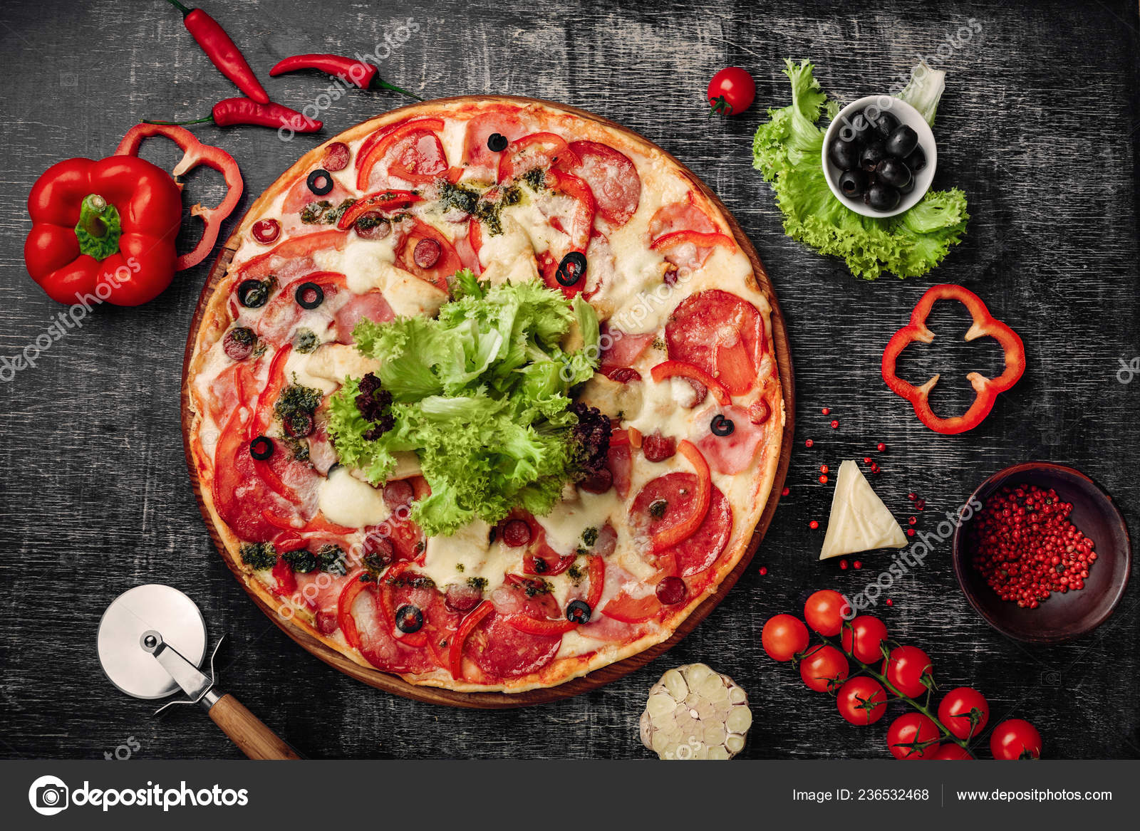 Pizza Ham Salami Cheese Mushrooms Cherry Tomatoes Bell Peppers Salad