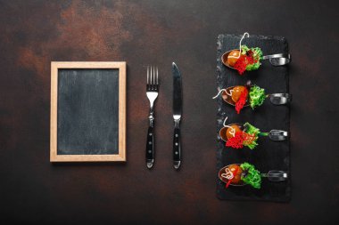 Moleküler modern mutfağı galantine kaşık taş ve paslı arka plan üzerinde ördek. Metin alanı olan üstten görünüm.