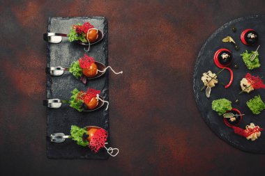 Moleküler modern mutfağı galantine kaşık taş ve paslı arka plan üzerinde ördek. Üstten görünüm.