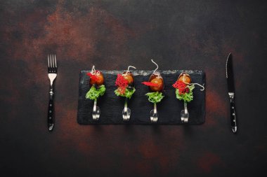 Moleküler modern mutfağı galantine kaşık taş ve paslı arka plan üzerinde ördek. Üstten görünüm.