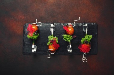 Moleküler modern mutfağı galantine kaşık taş ve paslı arka plan üzerinde ördek. Üstten görünüm.