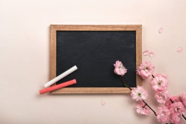 Sakura çiçek tebeşir tahtaya pastel pembe bir arka plan ile. Metin alanı olan üstten görünüm.