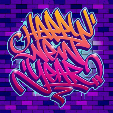 Mutlu yeni yıl kartı tuğla duvar arka plan üzerinde canlı renkler ile graffiti tarzında. Vektör yazı.
