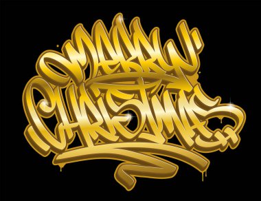 Neşeli Noel yazı tebrik kartı grafiti tarzı altın renkleri siyah arka plan üzerine izole.