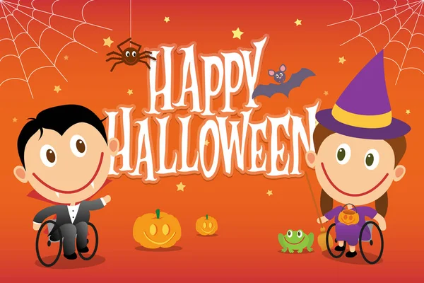 Rolstoel kinderen in Halloween kostuums. Vector illustratie p — Stockvector