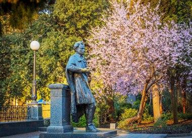 Parlak kiraz ağaçları Yalta Puşkin sokakta ilkbaharda açtı. Büyük bir şairin önünde dallarını eğdi