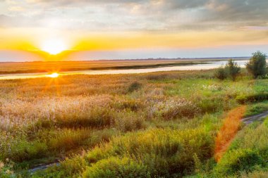 Çimlerle kaplı ve çamurla kaplı bir bataklığa dönüşen gölün sakin yüzeyi günbatımı gökyüzünün bulutlarını yansıtır.