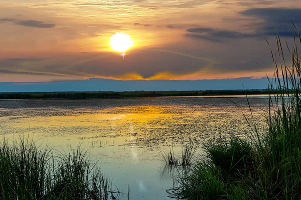 Çimlerle kaplı ve çamurla kaplı bir bataklığa dönüşen gölün sakin yüzeyi günbatımı gökyüzünün bulutlarını yansıtır.