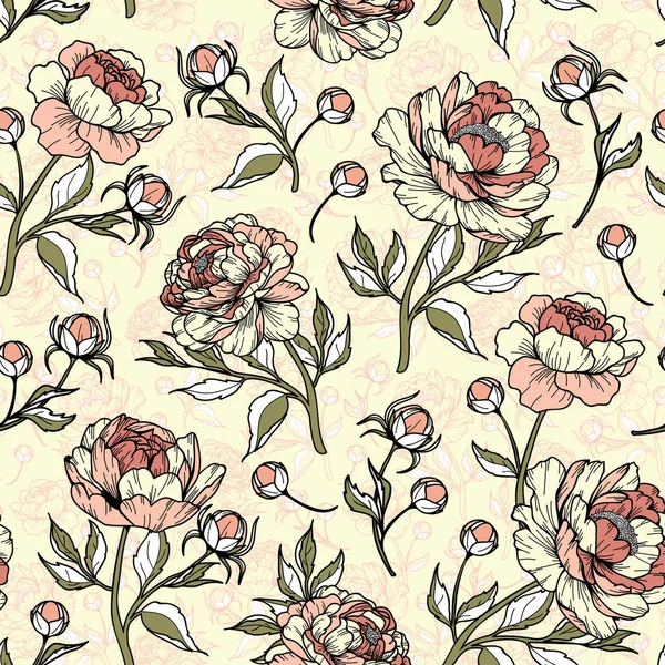 Fiore Peonia Senza Cuciture Vintage Con Boccioli Silhouette Foglie Illustrazione — Vettoriale Stock