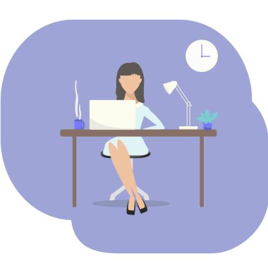 İzole, dizüstü bilgisayar, düz tasarım, vektör çizim çalışma iş kadını ofiste,